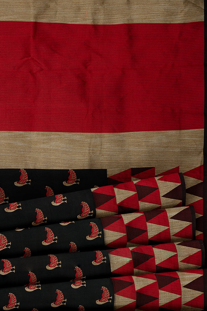 Black and Red Bird Motifs Banaras Saree - Clio Silks