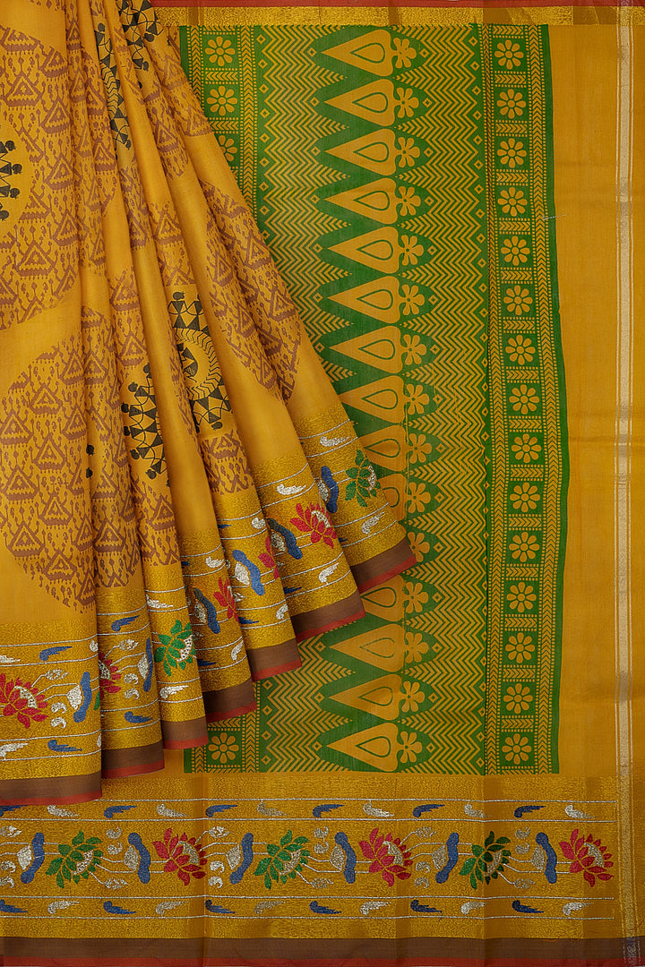 Mustard Warli Printed Pure Cotton Saree - Clio Silks