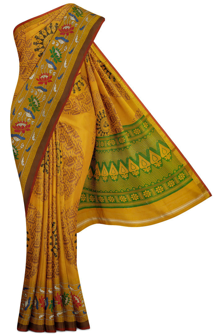 Mustard Warli Printed Pure Cotton Saree - Clio Silks
