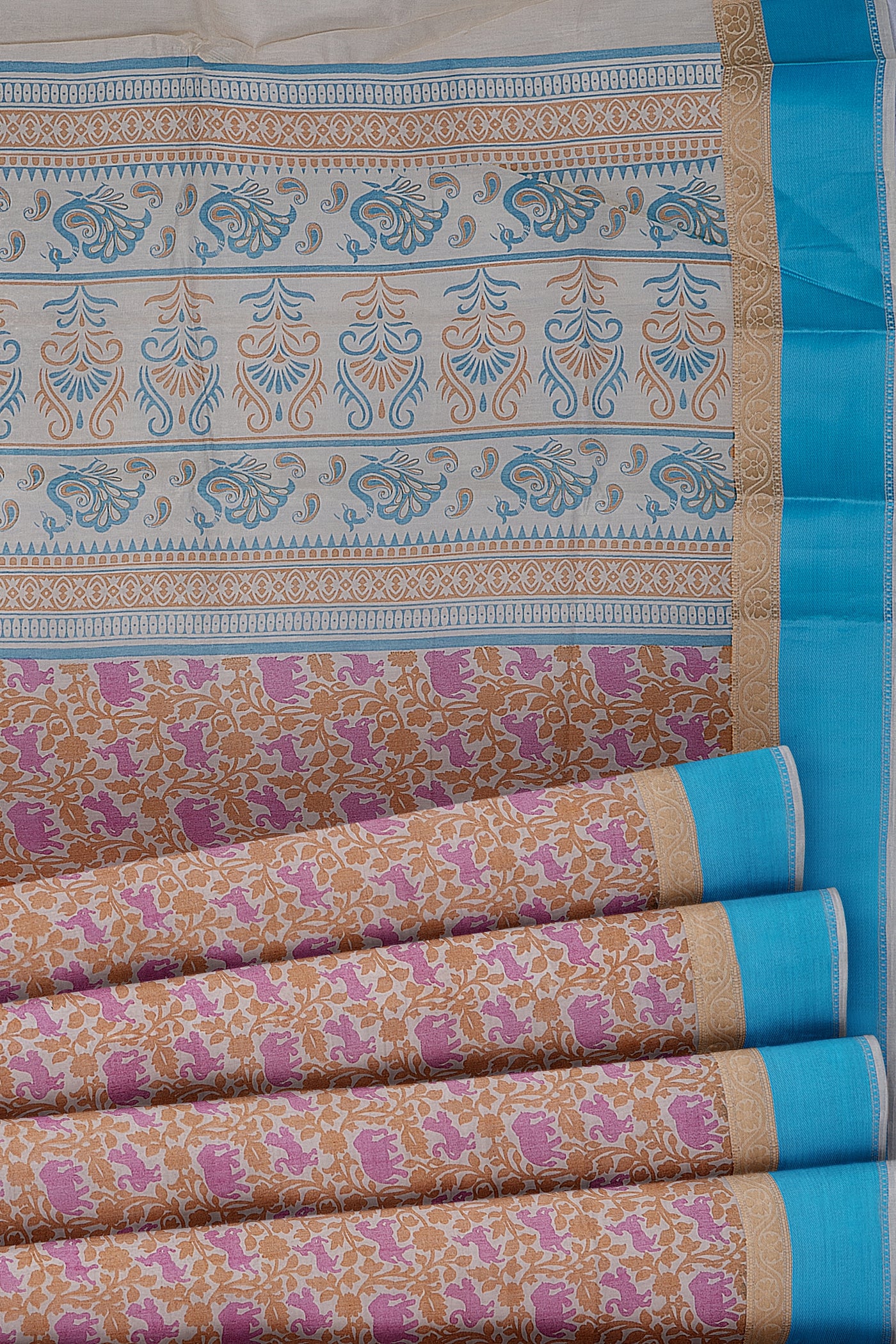 Beige Animal Printed Cotton Saree - Clio Silks