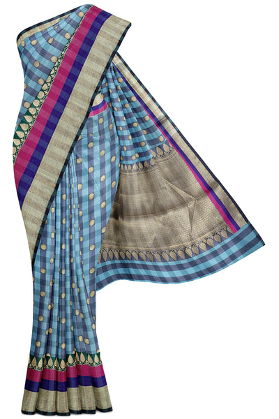 Blue and Grey Checks Banaras Cotton Saree - Clio Silks