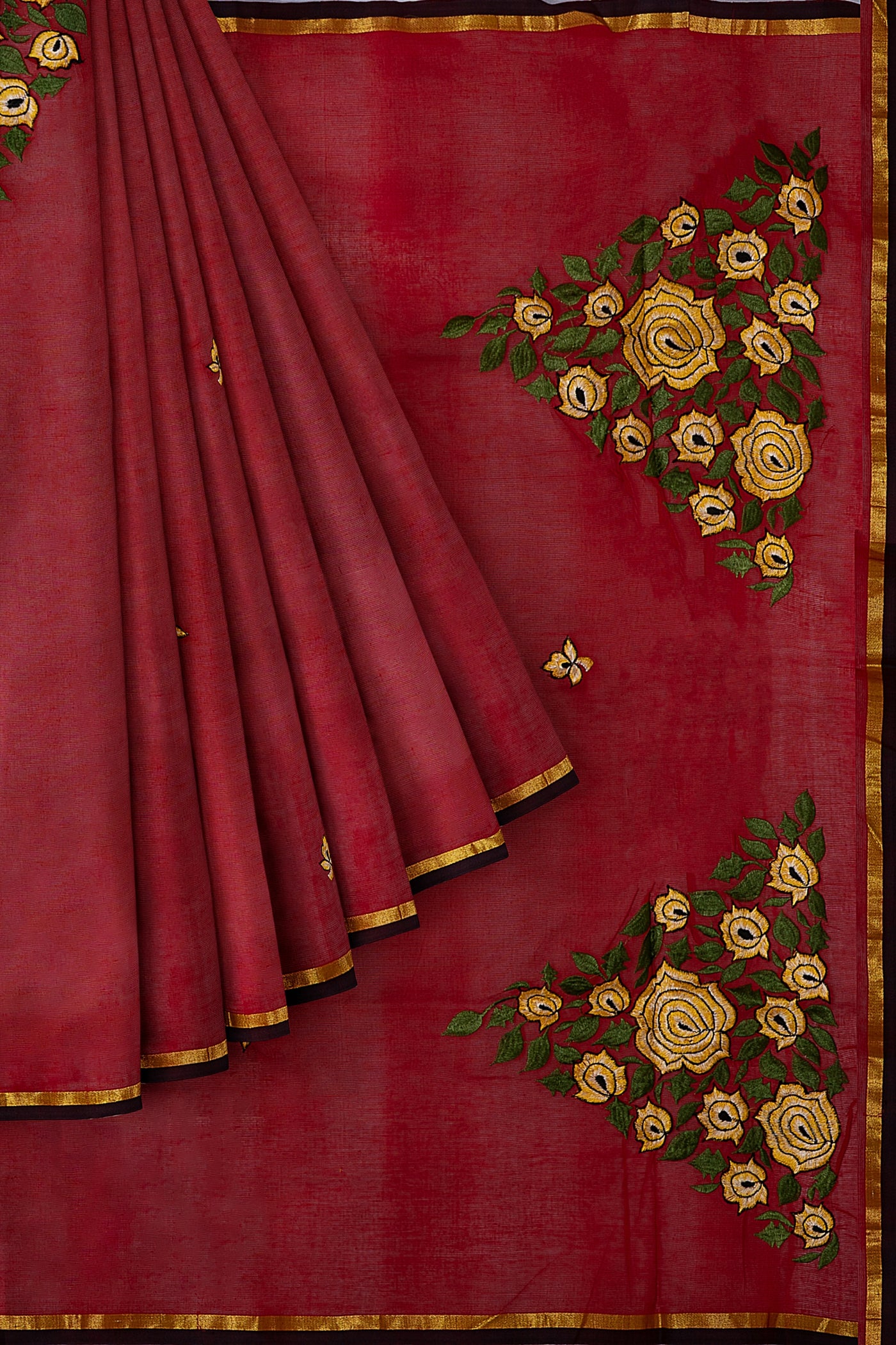 Maroon Embroidered Cotton Sari - Clio Silks