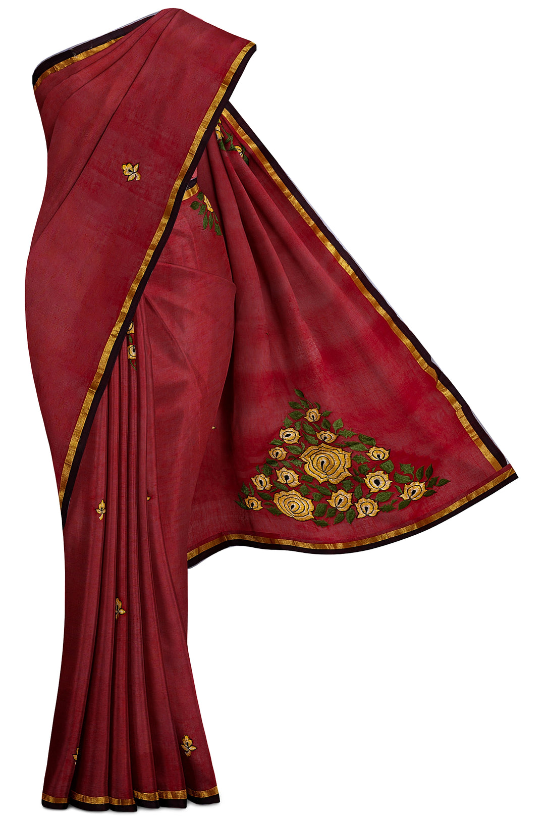 Maroon Embroidered Cotton Sari - Clio Silks