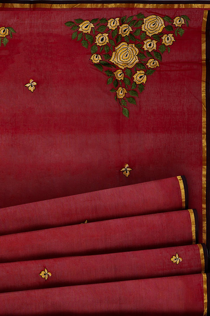 Maroon Embroidered Cotton Sari - Clio Silks