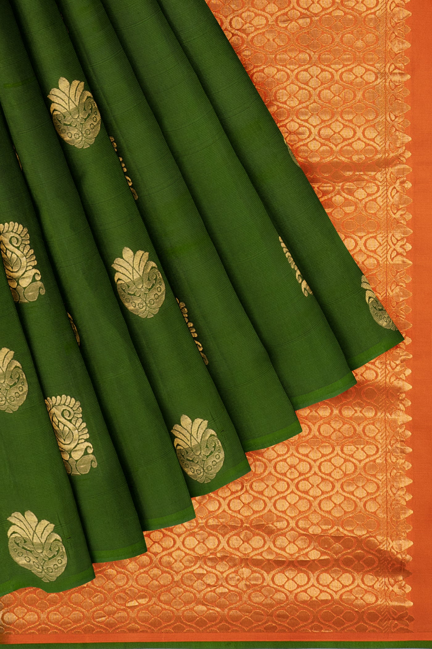 Pine Green floral motifs Borderless pure silk saree - Clio Silks