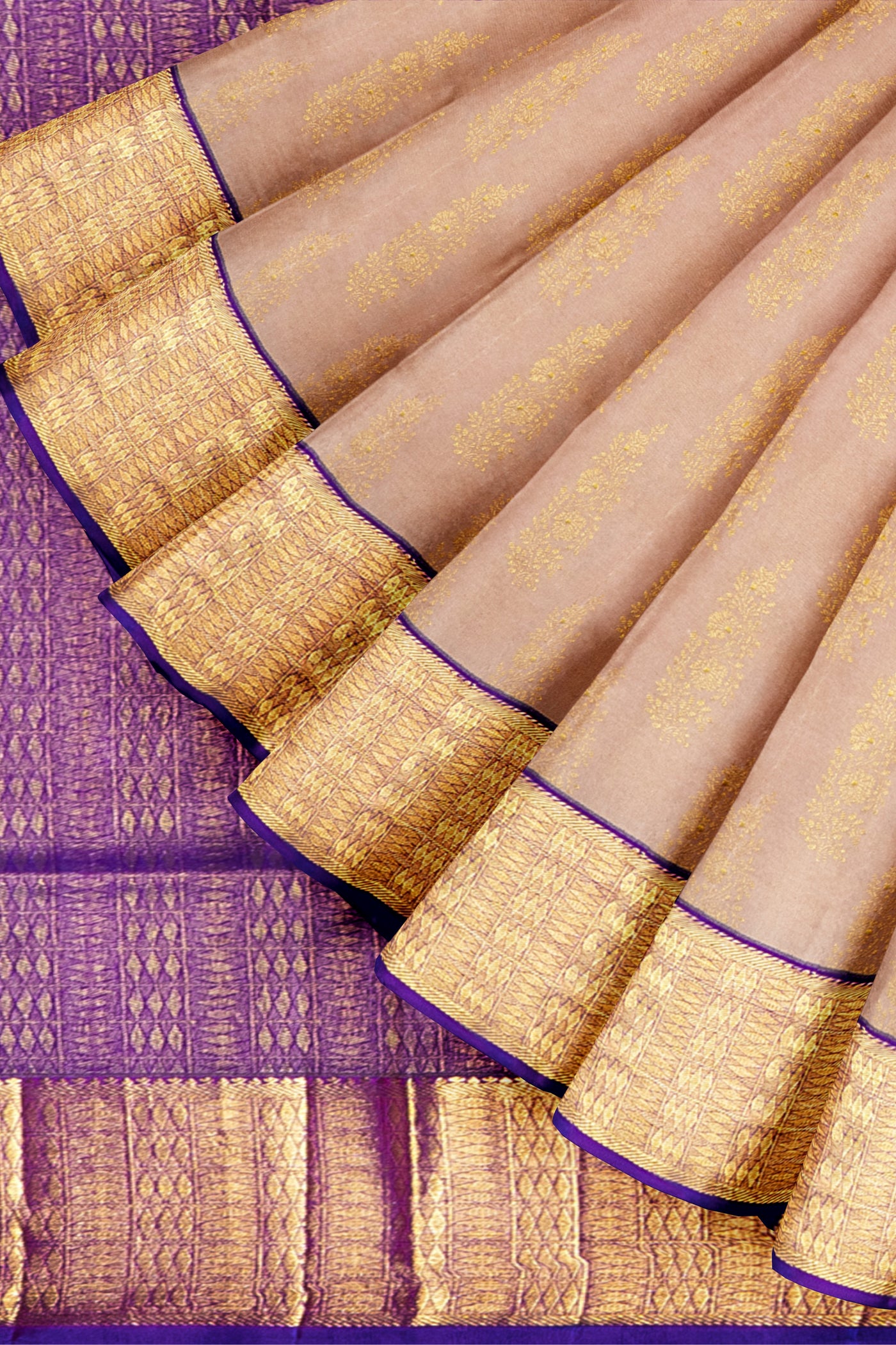 Cream and Purple Brocade Pure Kanjivaram Silk Saree - Clio Silks