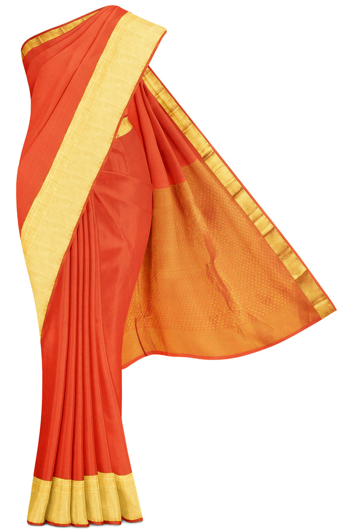 Orange Pure Silk Plain Kanjivaram Saree - Clio Silks