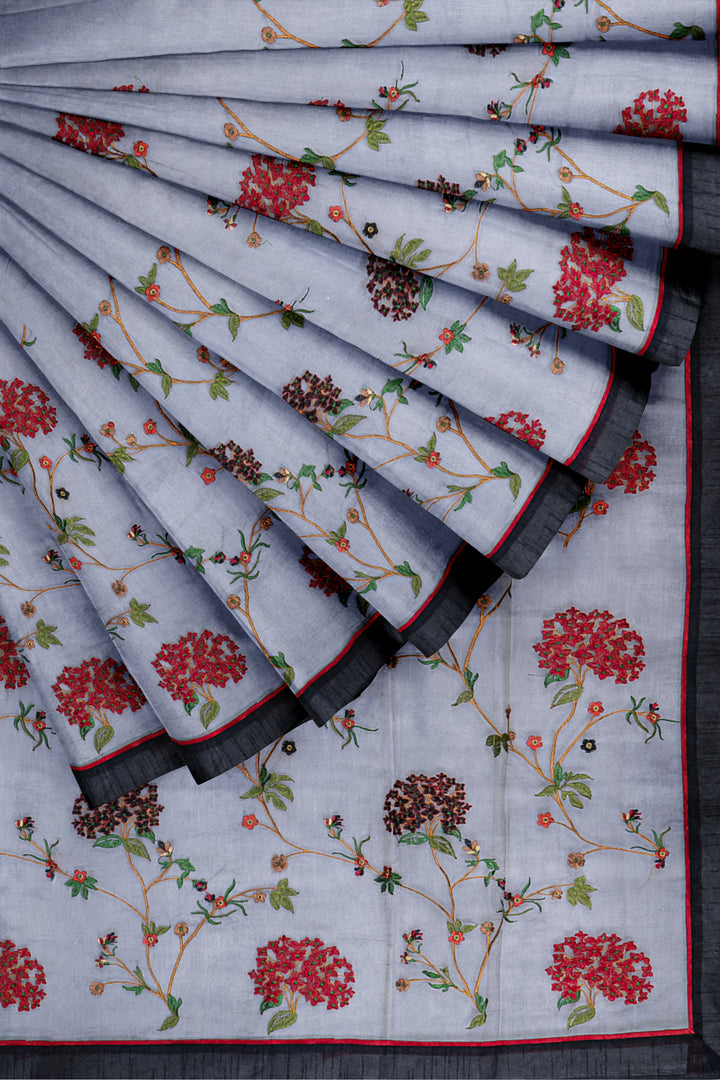 Grey embroidered banaras cotton saree - Clio Silks