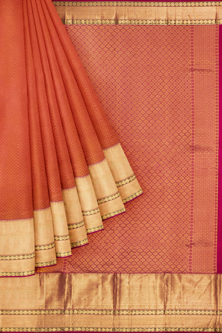 Rust Orange Embossed Big Border Kanjivaram Silk Saree - Clio Silks
