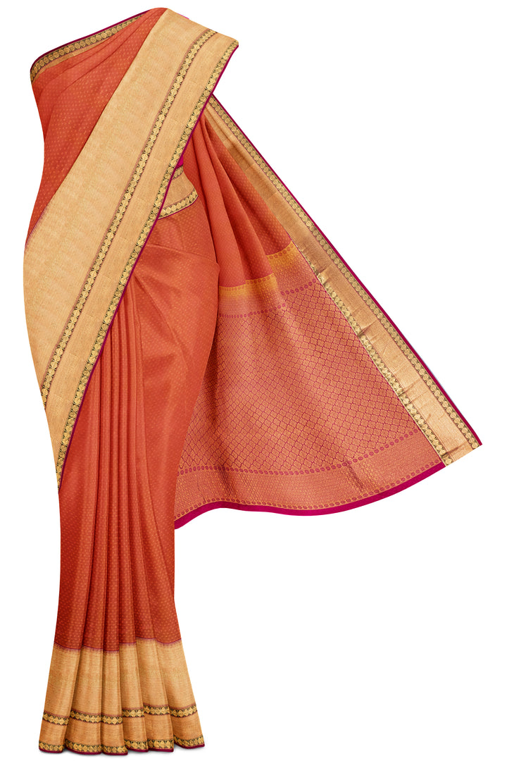 Rust Orange Embossed Big Border Kanjivaram Silk Saree - Clio Silks