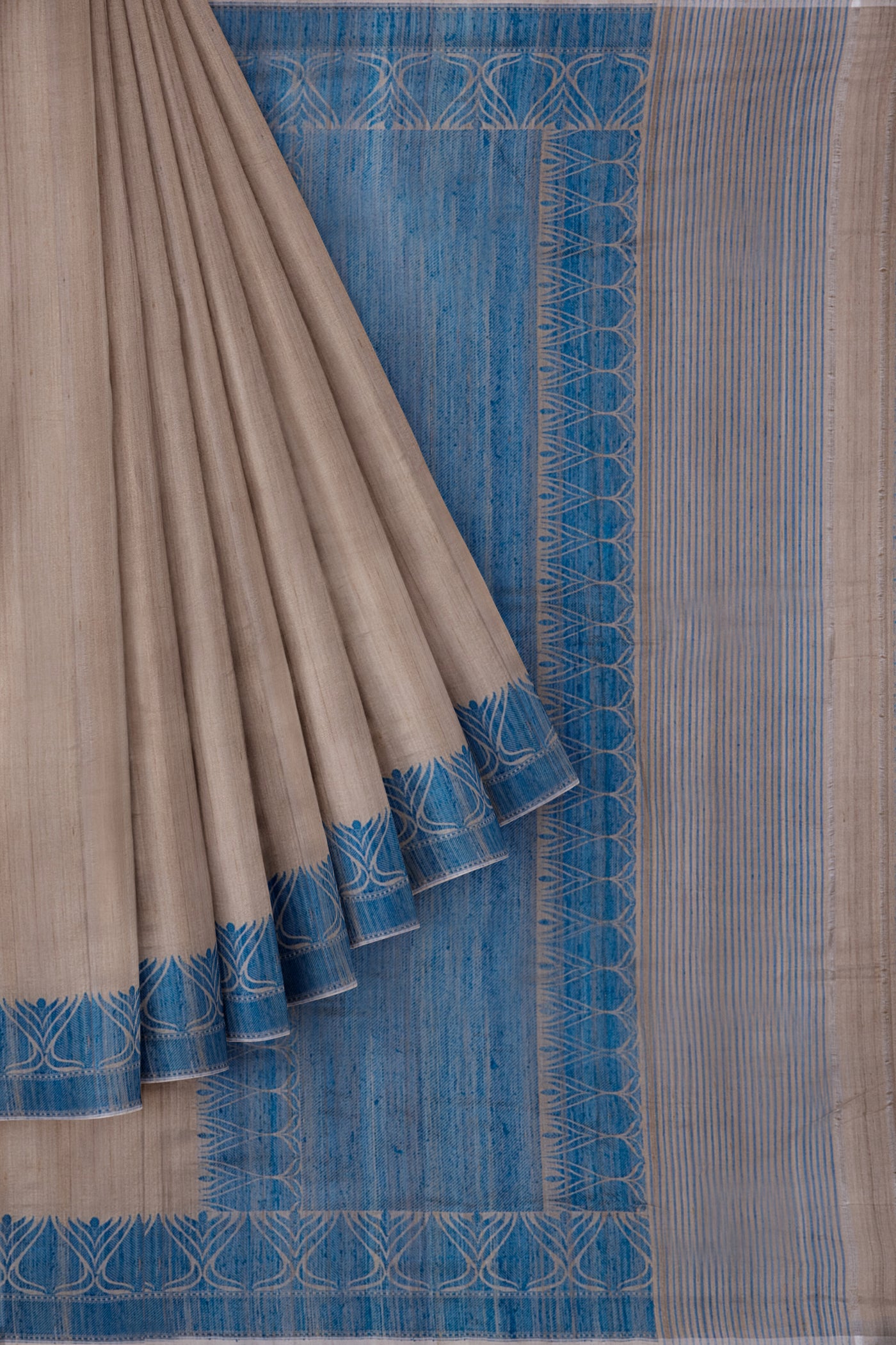 Beige and Blue Handloom Pure Tussar Saree - Clio Silks