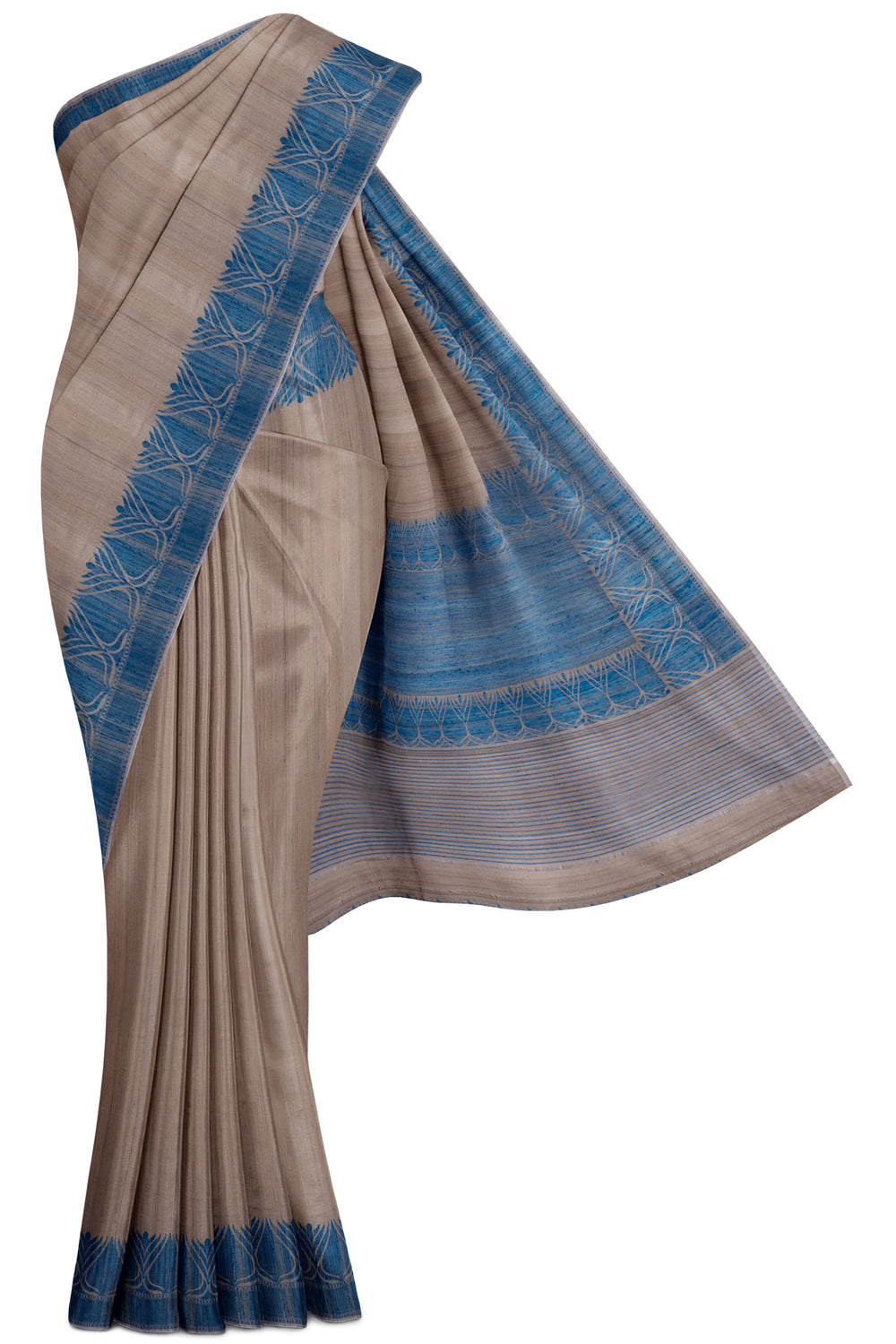 Beige and Blue Handloom Pure Tussar Saree - Clio Silks