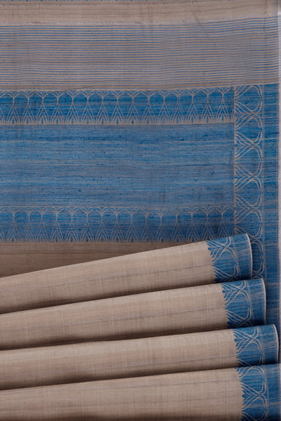 Beige and Blue Handloom Pure Tussar Saree - Clio Silks