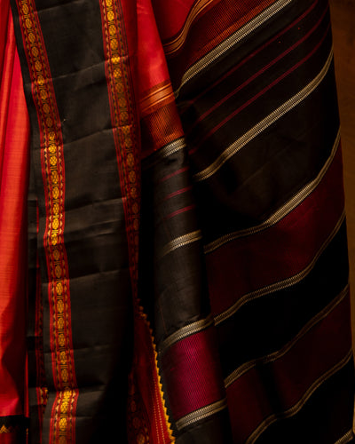 Red and Black Pattu Pettu Pure Kanjivaram Silk Saree - Clio Silks