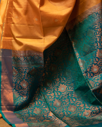 Apricot Peach and Peacock Blue Pure Kanjivaram Silk Sari - Clio Silks