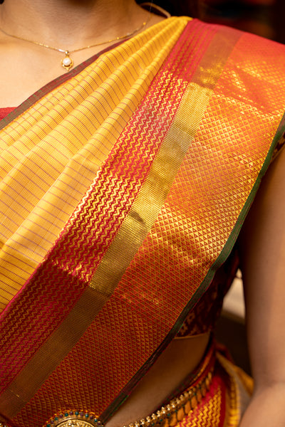 Canary Yellow and Red Pure Kanjivaram Silk Sari - Clio Silks