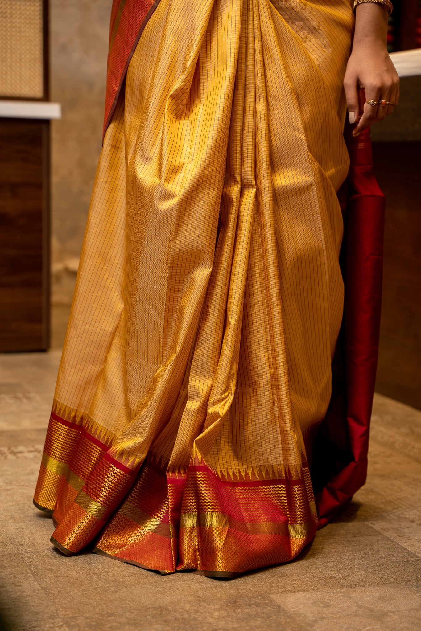 Canary Yellow and Red Pure Kanjivaram Silk Sari - Clio Silks