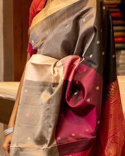 Black Magenta and Grey Mupagam Pure Soft Silk Sari - Clio Silks