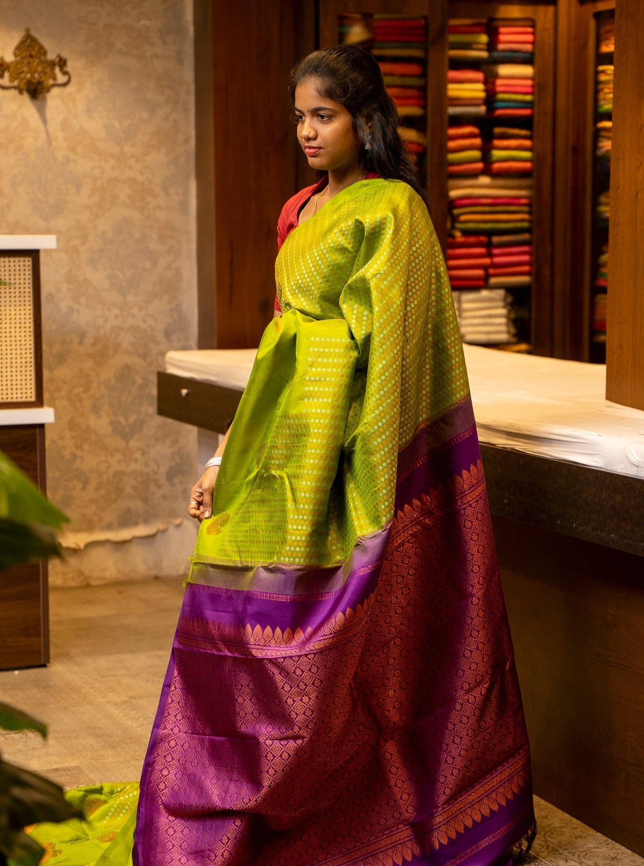 Leaf Green and Purple Pure Kanjivaram Silk Sari - Clio Silks