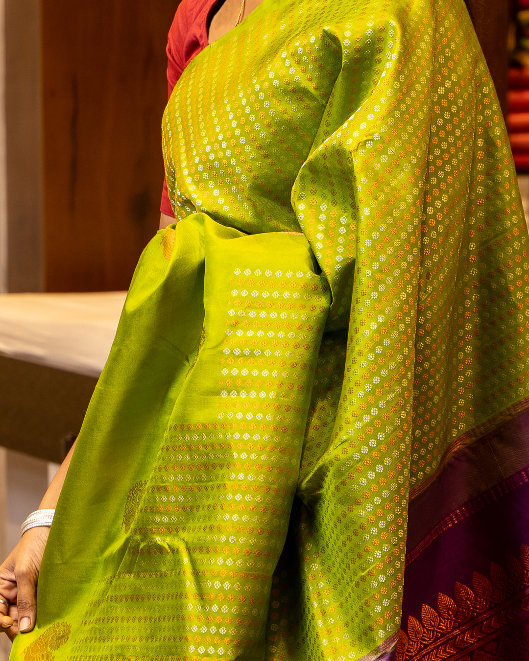 Leaf Green and Purple Pure Kanjivaram Silk Sari - Clio Silks