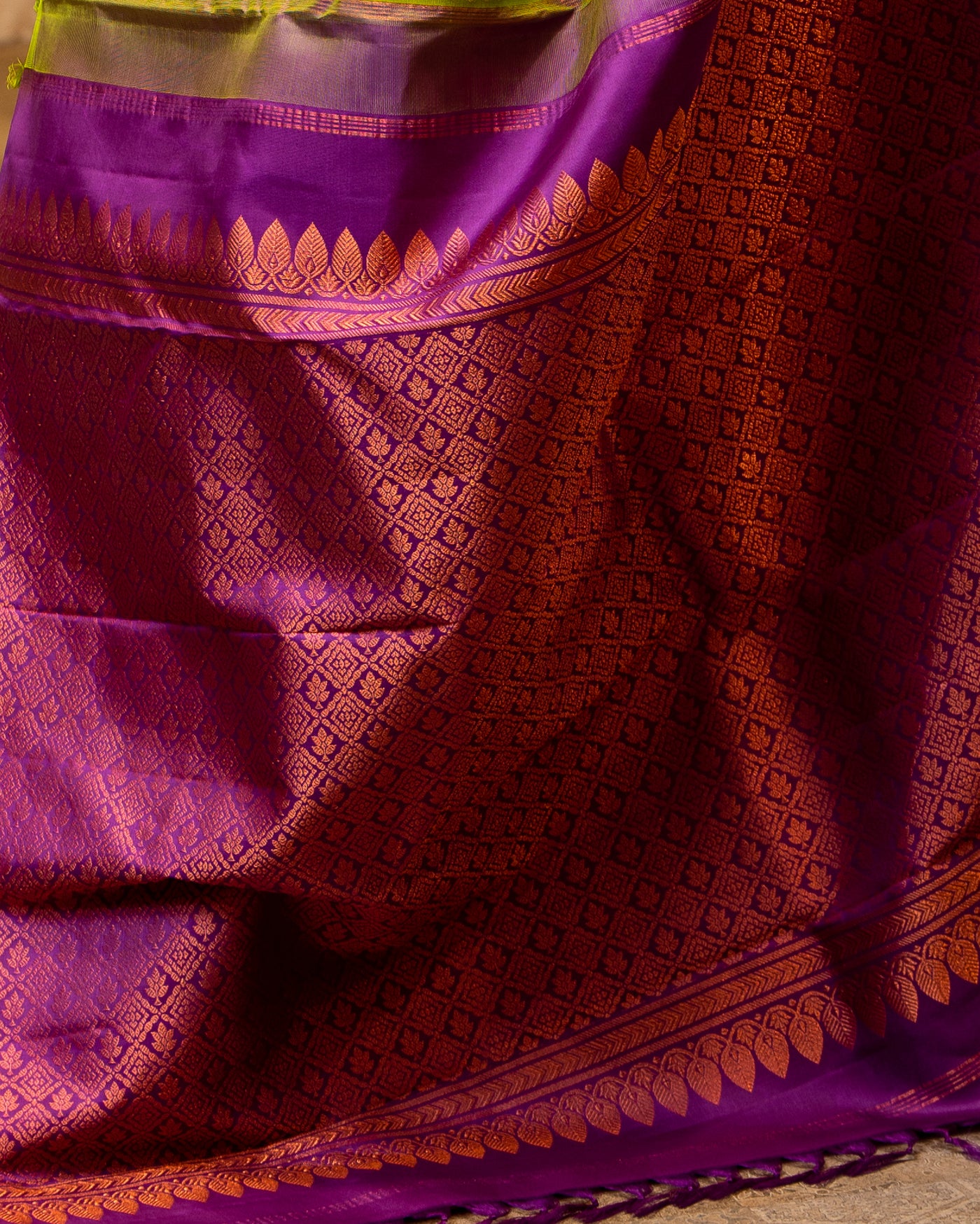 Leaf Green and Purple Pure Kanjivaram Silk Sari - Clio Silks