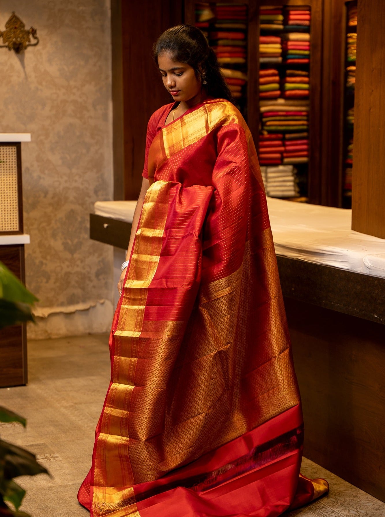 Red Zari Stripes Pure Kanjivaram Silk Saris - Clio Silks