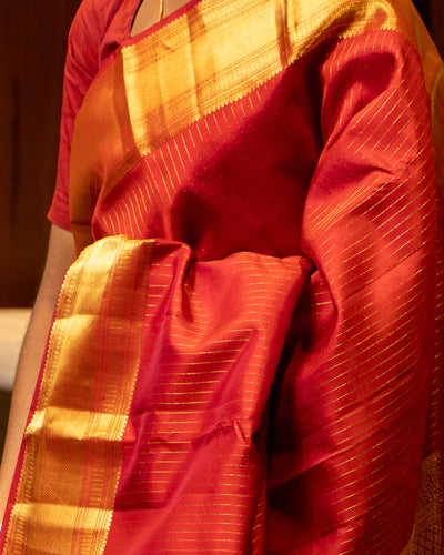 Red Zari Stripes Pure Kanjivaram Silk Saris - Clio Silks