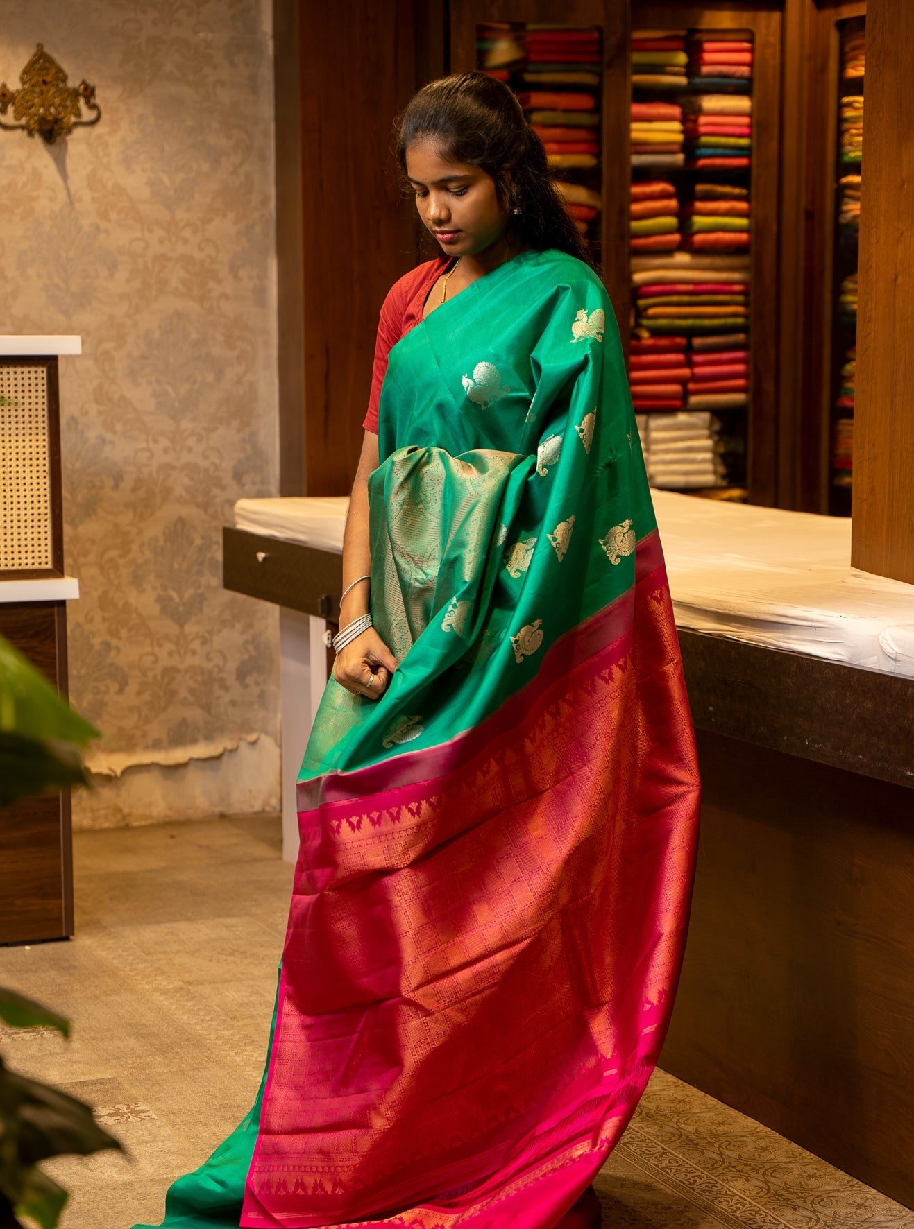 Jade Green and Magenta Pure Kanjivaram Silk Sari - Clio Silks