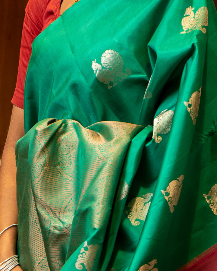 Jade Green and Magenta Pure Kanjivaram Silk Sari - Clio Silks