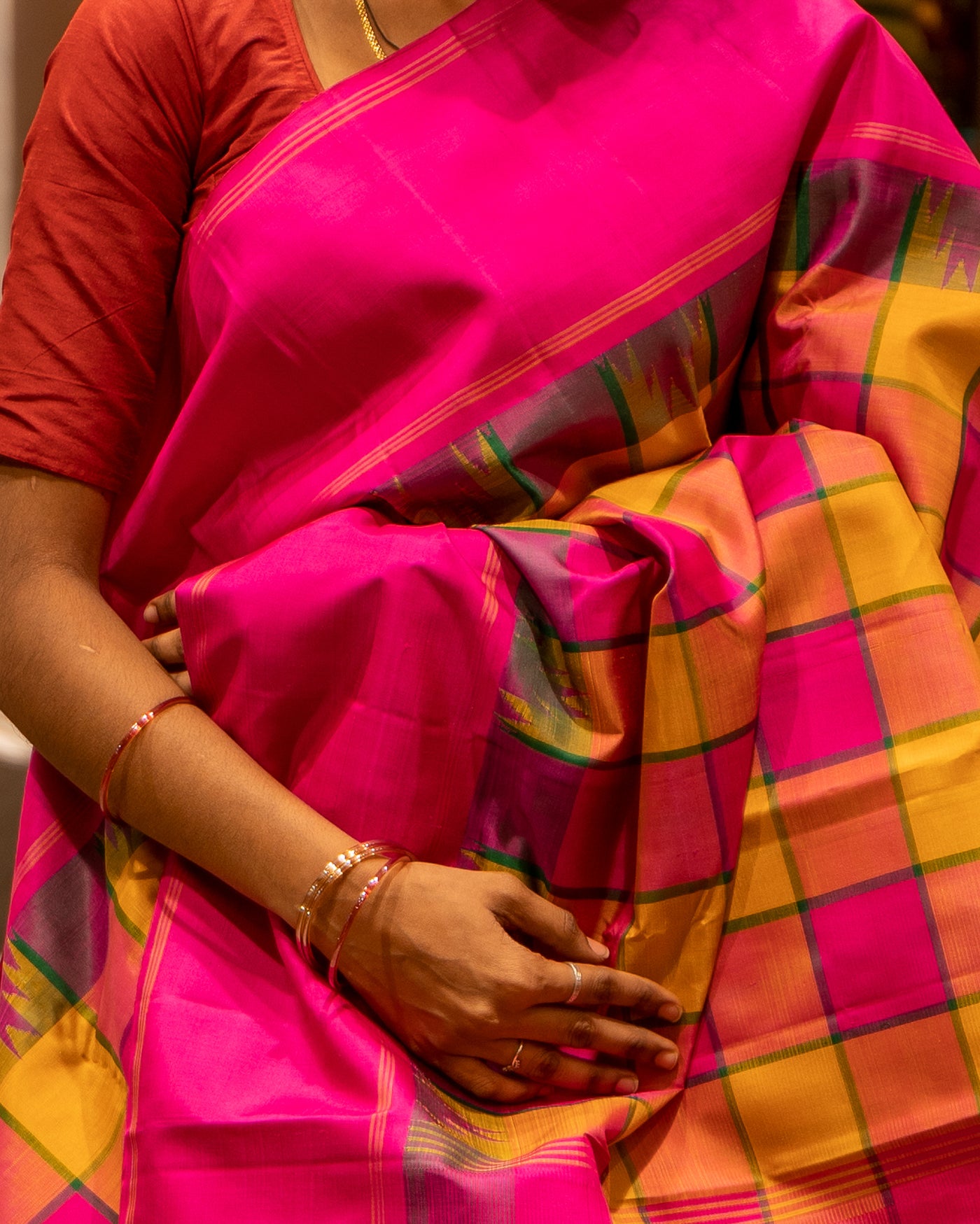Pink and Mustard Checks Korvai Pure Kanjivaram Silk Sari - Clio Silks