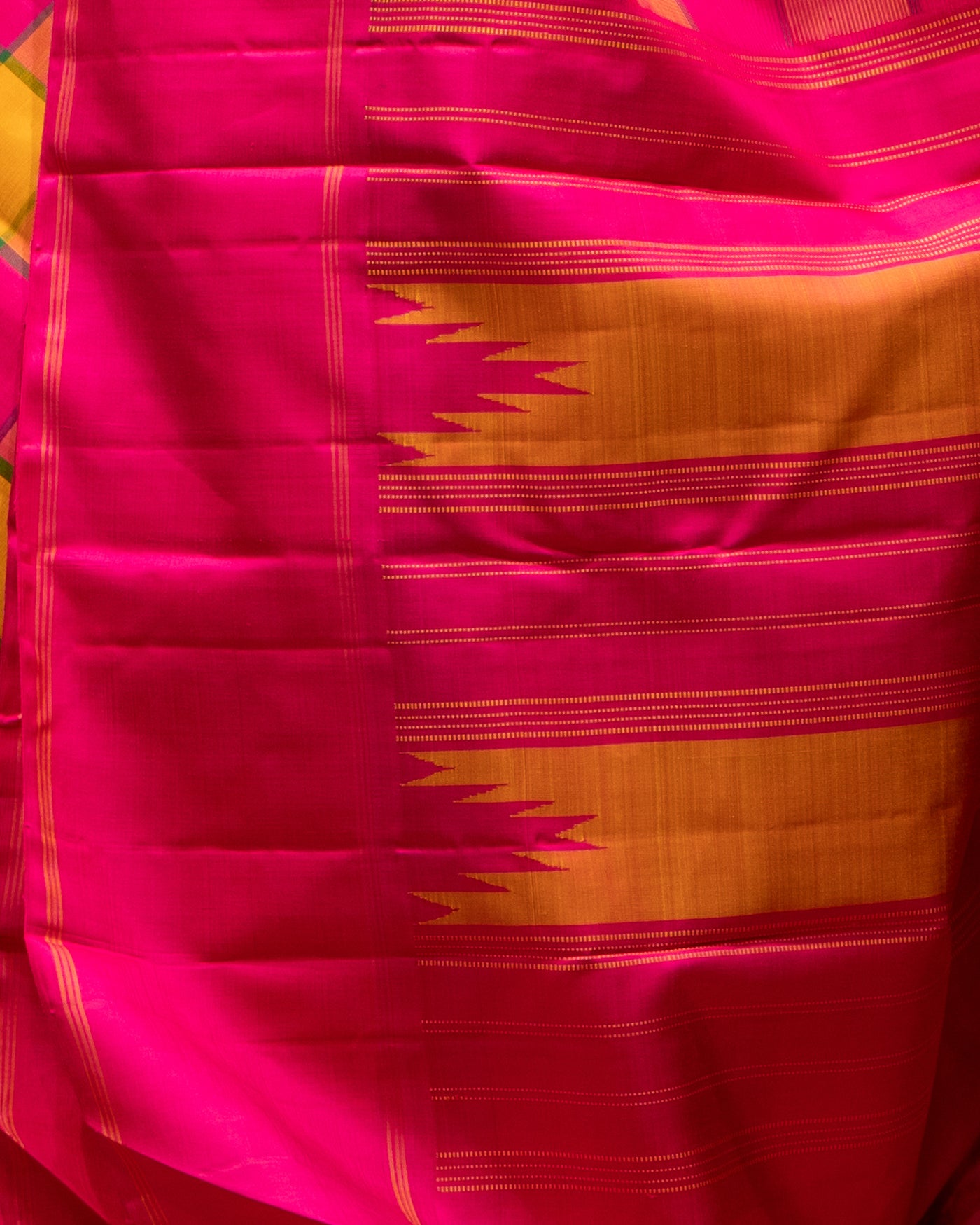 Pink and Mustard Checks Korvai Pure Kanjivaram Silk Sari - Clio Silks