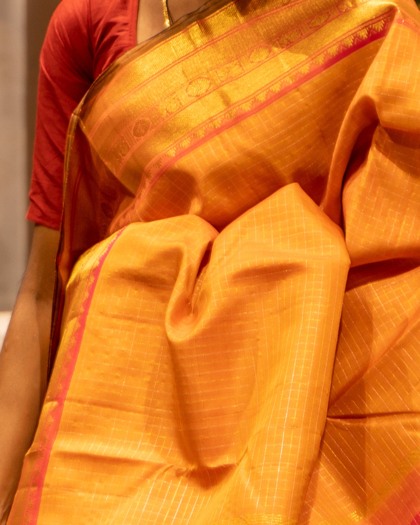 Yellow And Rose Pink Vairaoosi Checks Pure Kanjivaram Silk Sari - Clio Silks