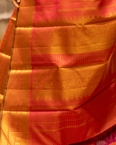 Yellow And Rose Pink Vairaoosi Checks Pure Kanjivaram Silk Sari - Clio Silks