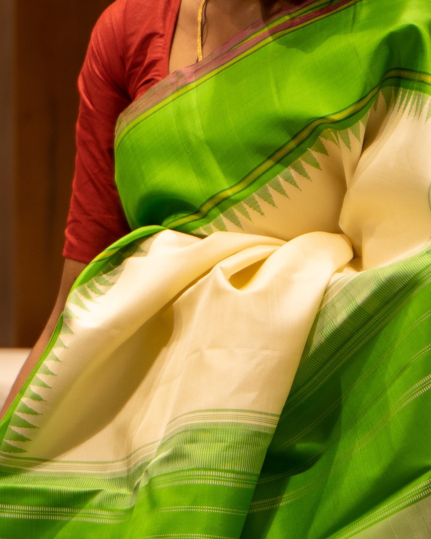 Off White and Parrot Green Pattu Pettu Korvai Pure Kanjivaram Silk Sari - Clio Silks
