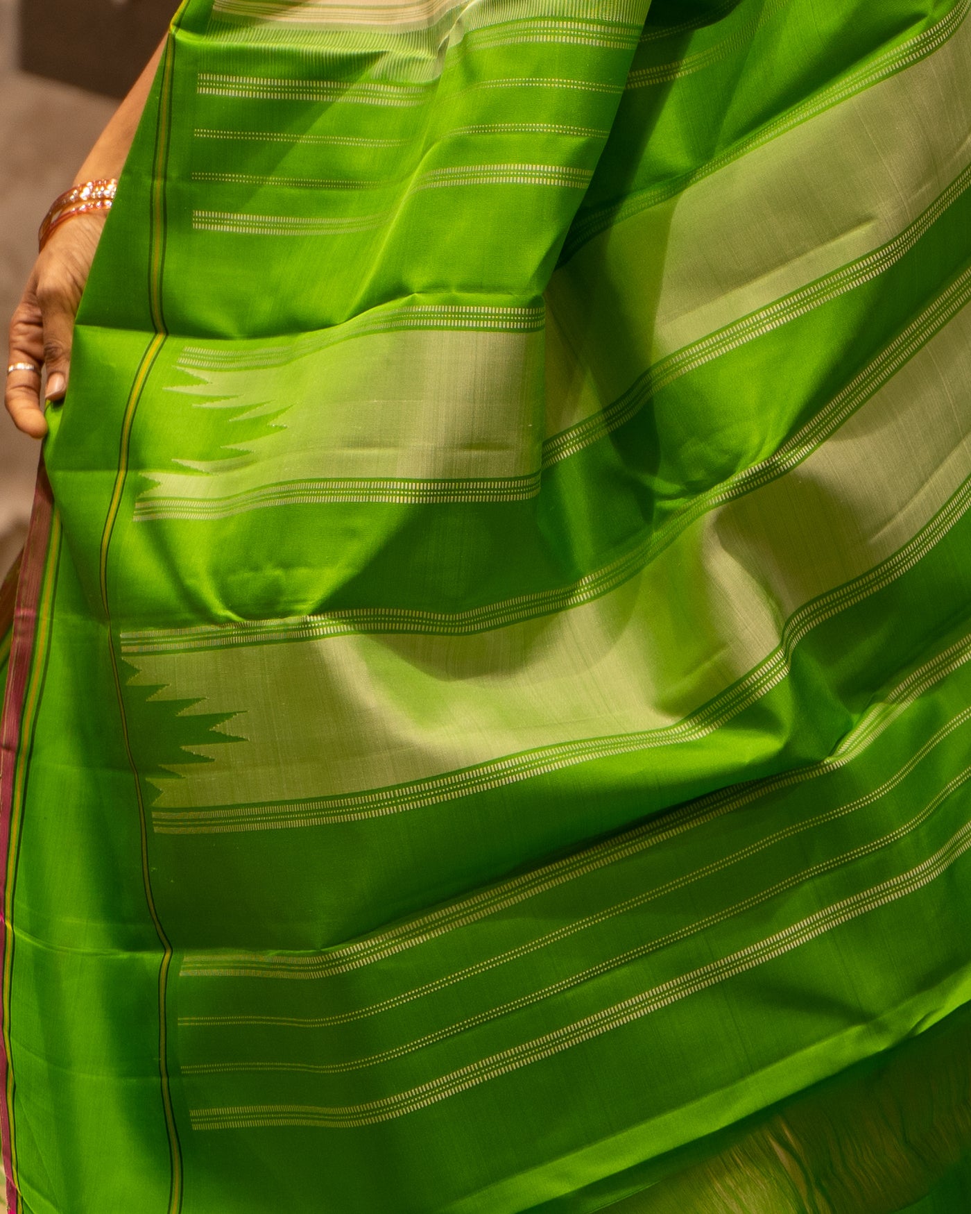 Off White and Parrot Green Pattu Pettu Korvai Pure Kanjivaram Silk Sari - Clio Silks