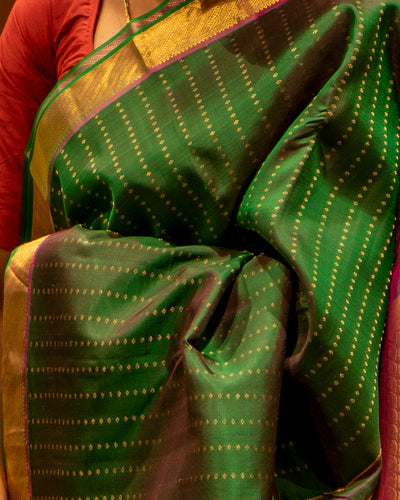 Bottle Green Ayiram Butta Pure Kanjivaram Silk Sari - Clio Silks