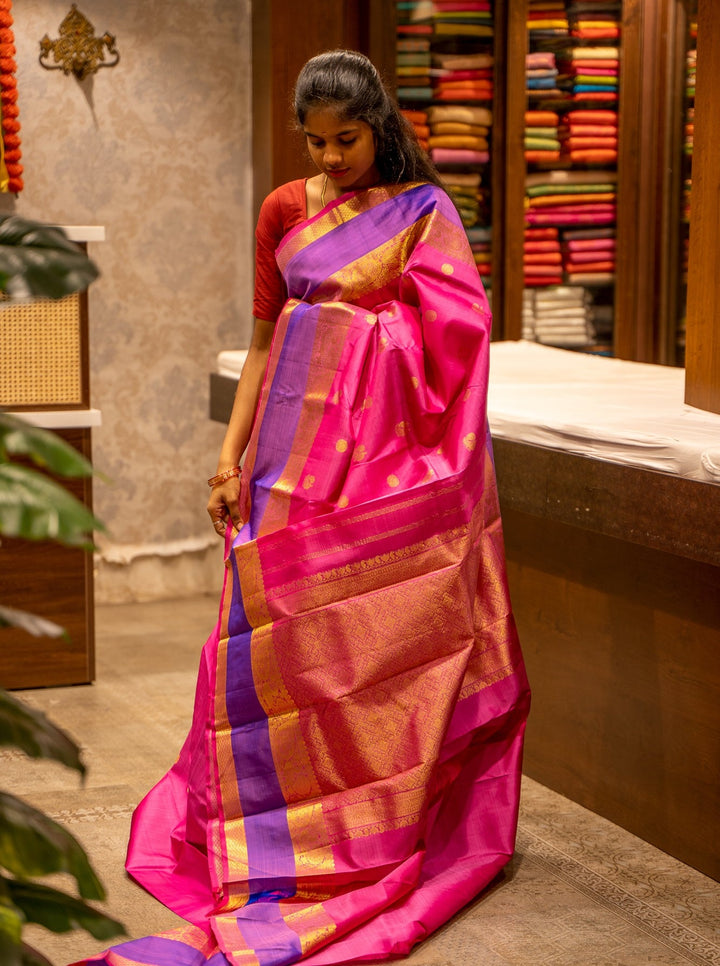 Rose Pink and Purple Rettai Pettu Pure Kanjivaram Silk Sari - Clio Silks