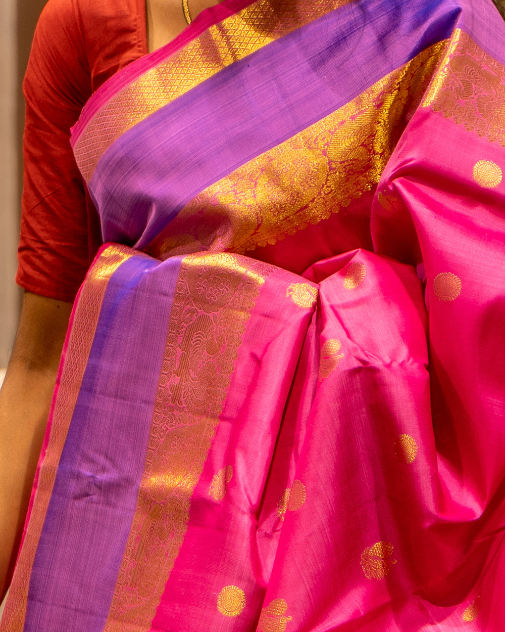 Rose Pink and Purple Rettai Pettu Pure Kanjivaram Silk Sari - Clio Silks