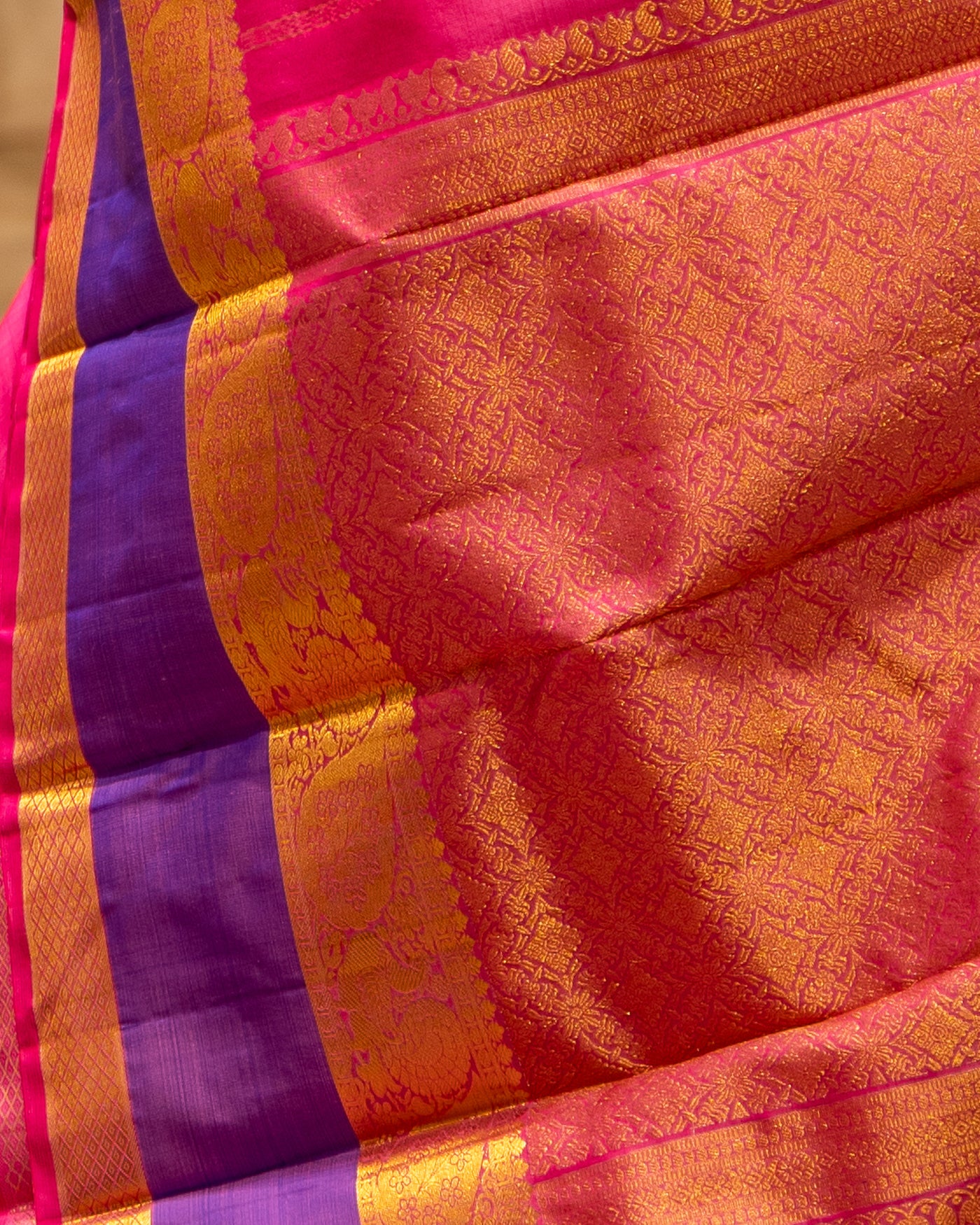 Rose Pink and Purple Rettai Pettu Pure Kanjivaram Silk Sari - Clio Silks