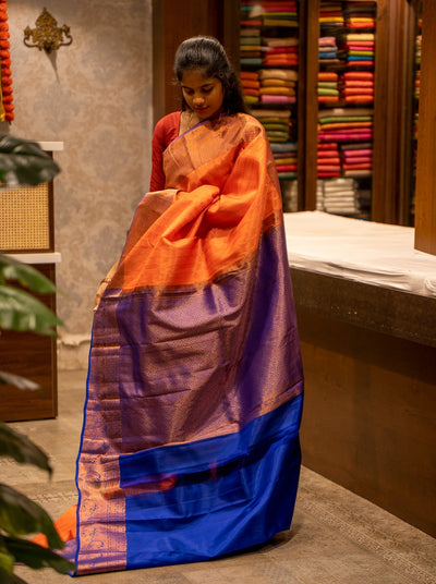 Orange Zari Stripes Kanjivaram Silk Sari - Clio Silks