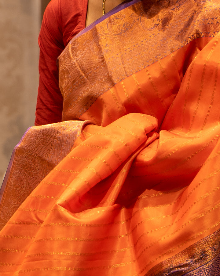 Orange Zari Stripes Kanjivaram Silk Sari - Clio Silks