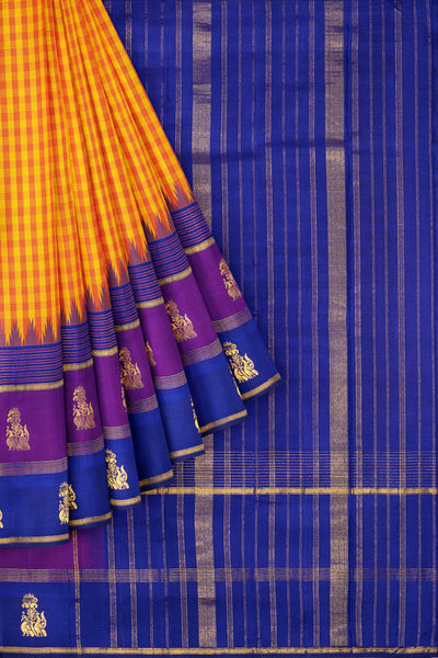 Orange checks and blue korvai kanjivaram pure silk saree - Clio Silks