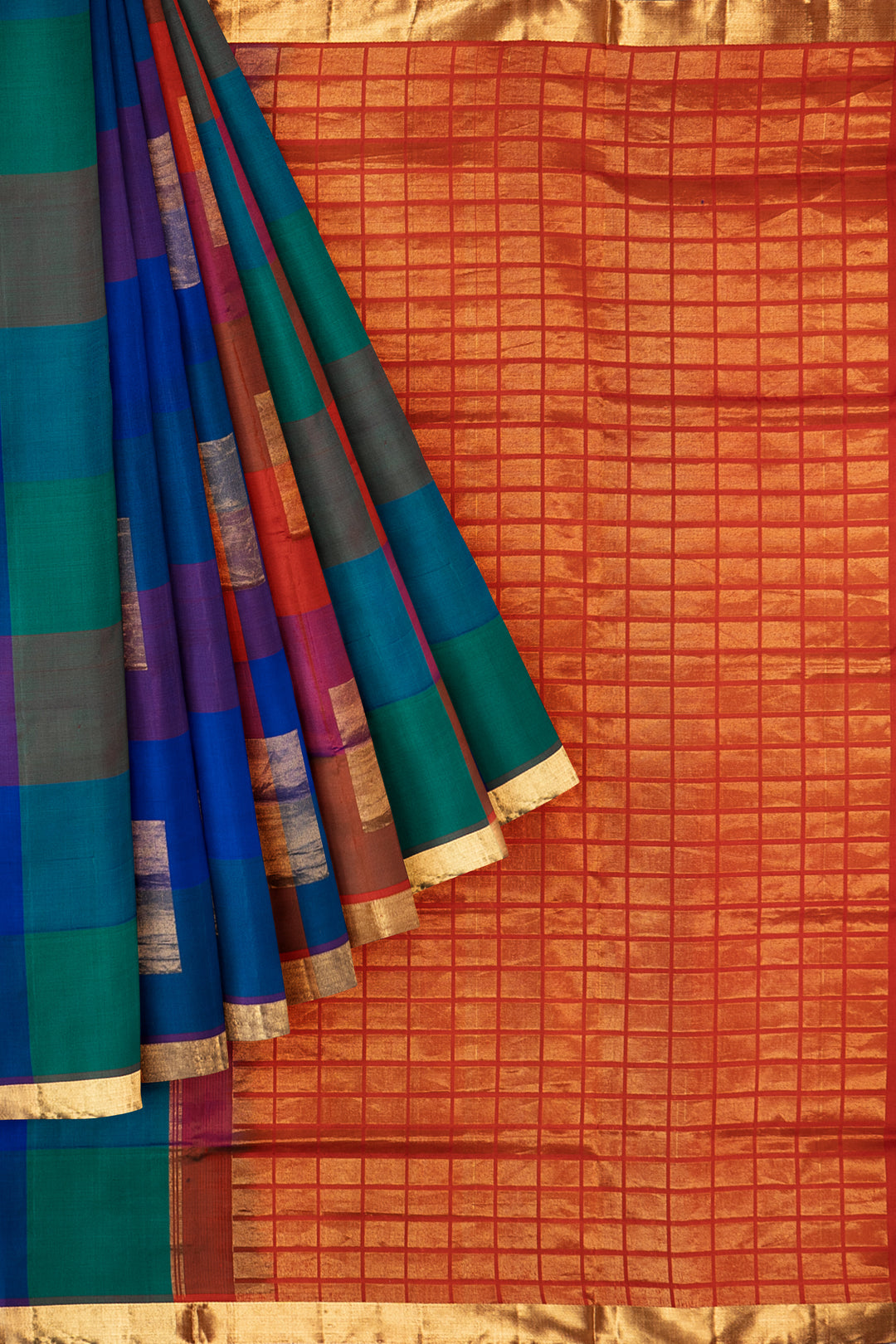 Blue and Red multi checks pure silk saree - Clio Silks