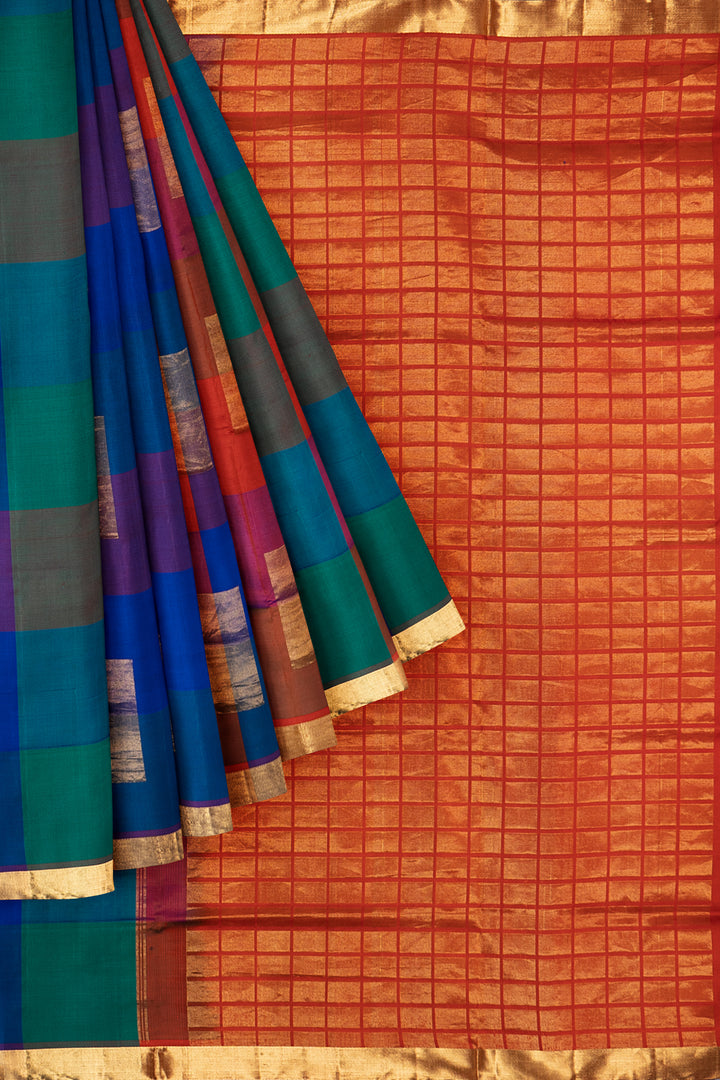 Blue and Red multi checks pure silk saree - Clio Silks