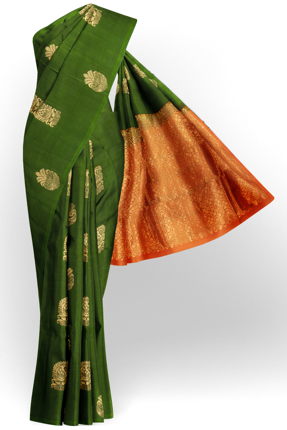 Pine Green floral motifs Borderless pure silk saree - Clio Silks