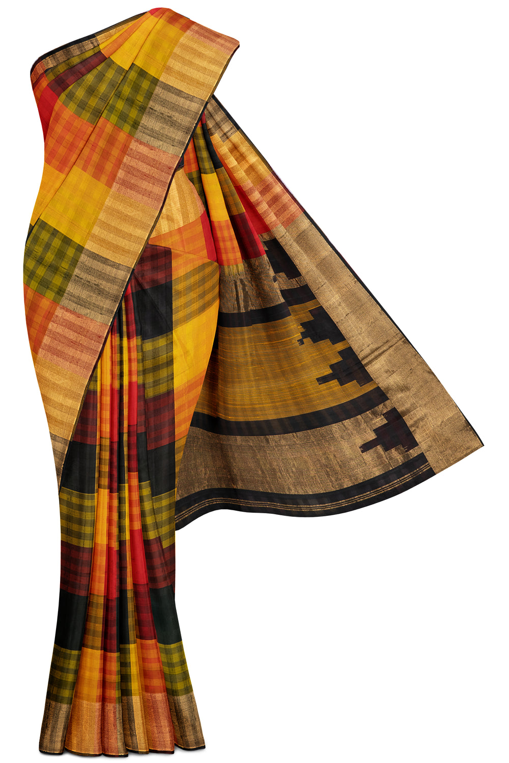 Red mustard and black dupian checks silk saree - Clio Silks