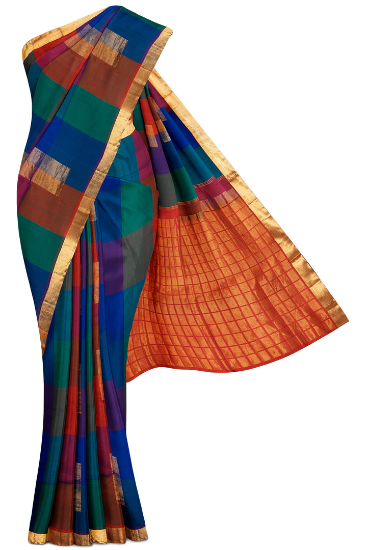 Blue and Red multi checks pure silk saree - Clio Silks