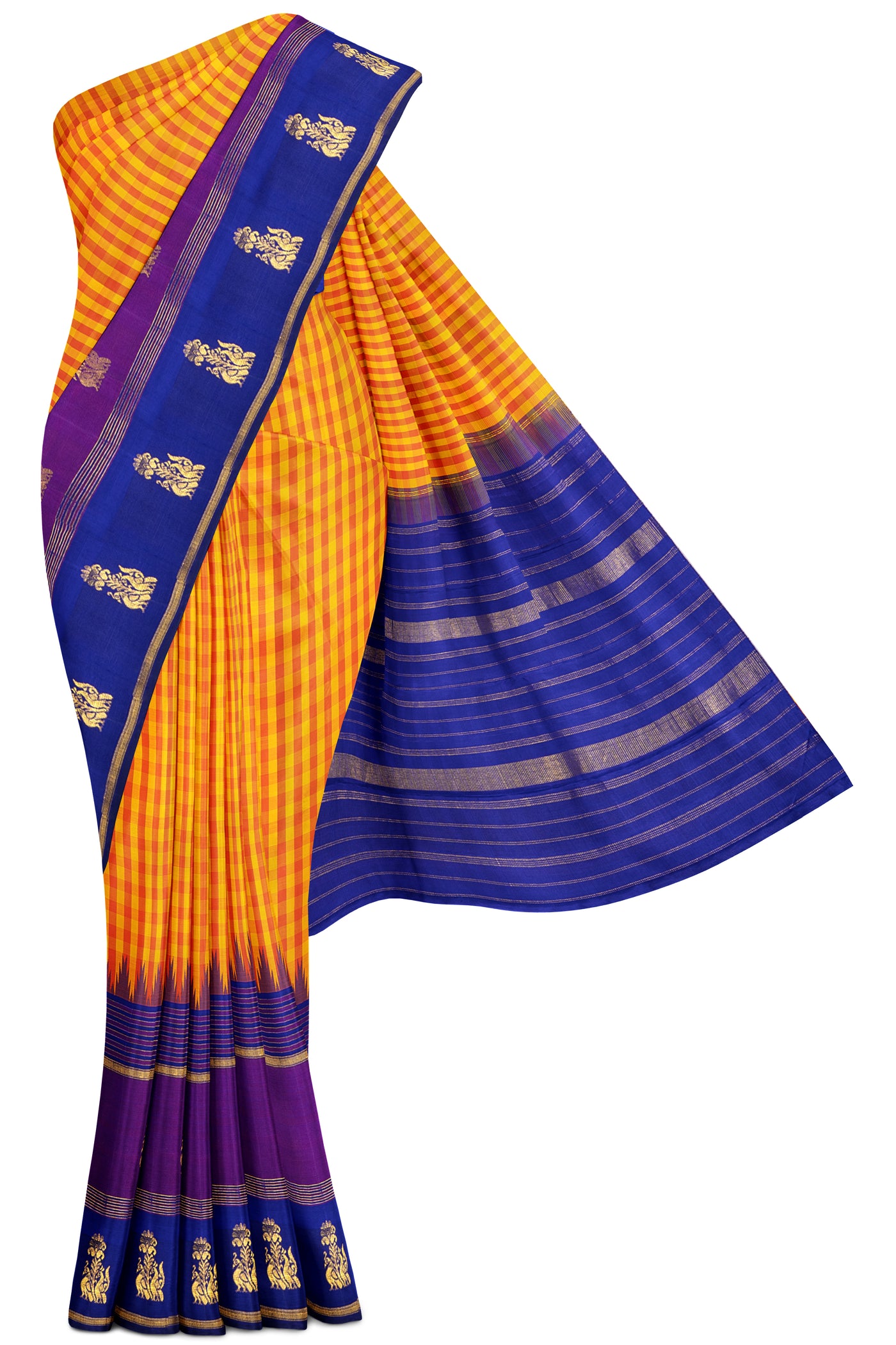 Orange checks and blue korvai kanjivaram pure silk saree - Clio Silks