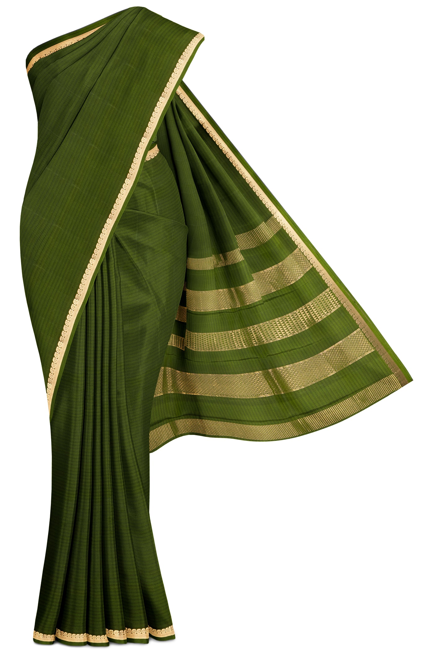 Alpine Green Self Stripes Silk saree - Clio Silks