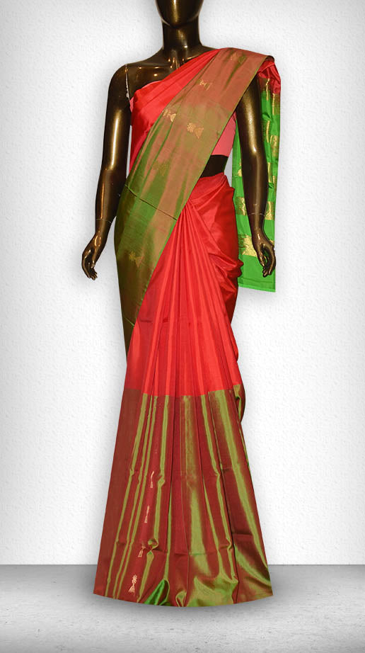 Red and Mandhulir Green Silk Saree - Clio Silks